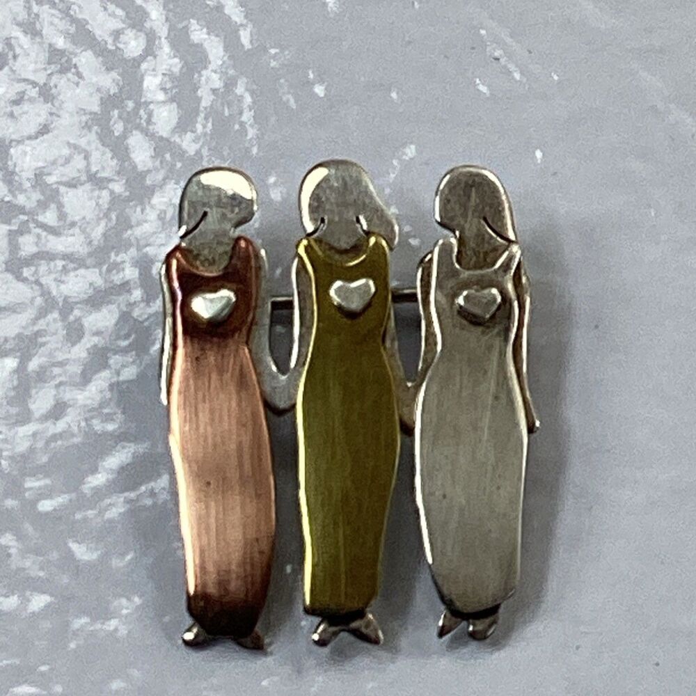 Vtg Far Fetched 3 Sisters Heart Pin Brooch Silver Copper Brass Mother Daughter
